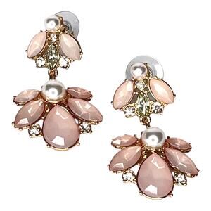 Pink Stone & Faux Pearl DBL BUMBLE BEE DANGLE EARRINGS Glass Stones Post Studs